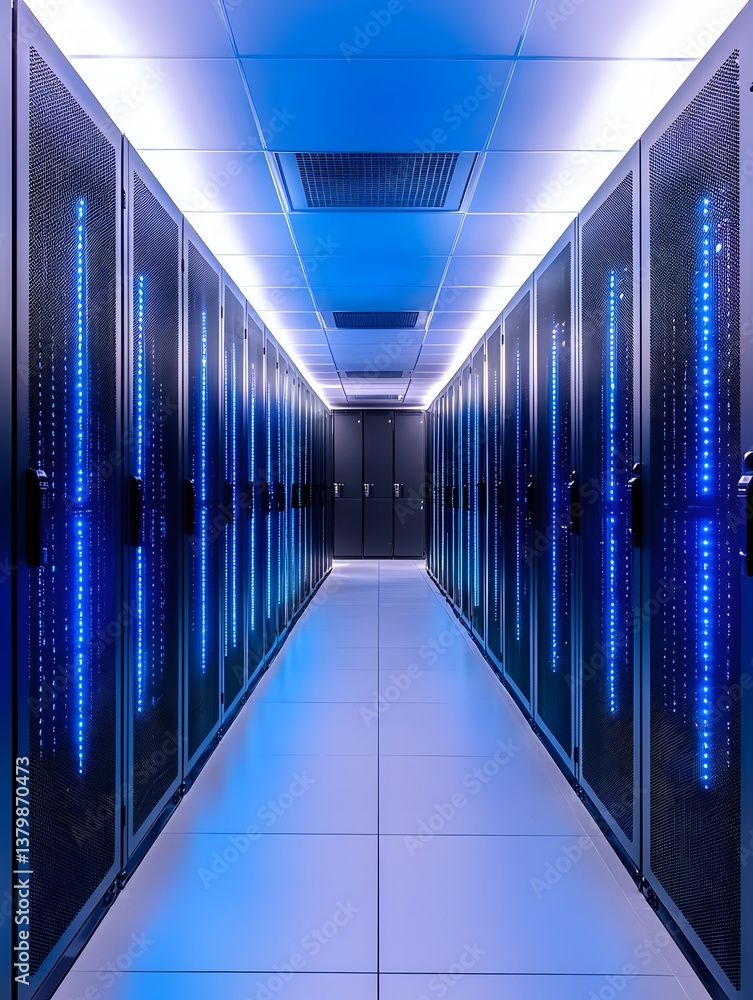 Poster high-tech data center filled with ultra-dense storage arrays, automated robotic arms managing hardwa