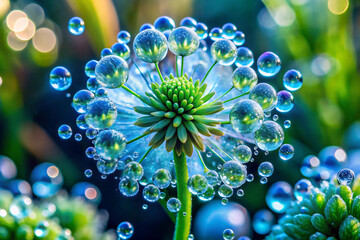 A bubbly-looking flower with translucent petals in shades of blue and green