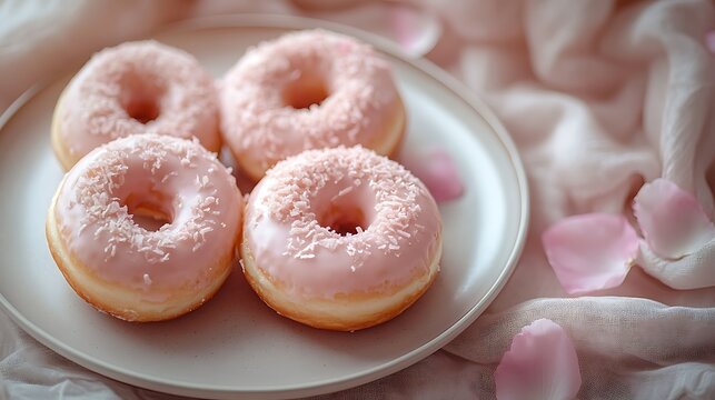 Minimalist top-down image of pastel donuts neatly arranged on a neutral plate, soft fabric background, pale pink petals gently scattered, soft indirect sunlight. Created Using: DSLR with 50mm lens,