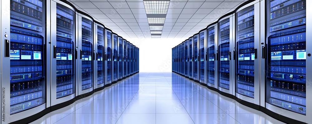 Poster a data center with intelligent server management, ambient lighting systems, and advanced firewall se