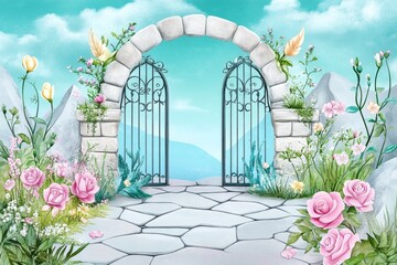 A hand-drawn sketch of a vintage garden with wrought iron gates and blooming roses