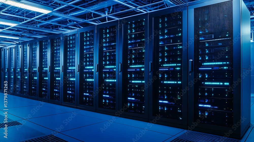 Poster rows of high-tech servers line the walls of a futuristic data center, with blinking lights and cable