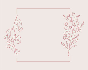 Obraz premium Floral and square hand drawn style. Floral brown frame of twigs, leaves and flowers. Frames for the Valentine's day, wedding decor, logo and identity template.