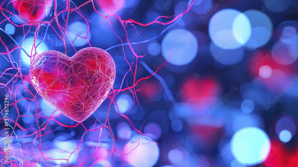 Poster vibrant heart shape surrounded by glowing lines and colorful bokeh lights creates captivating and em