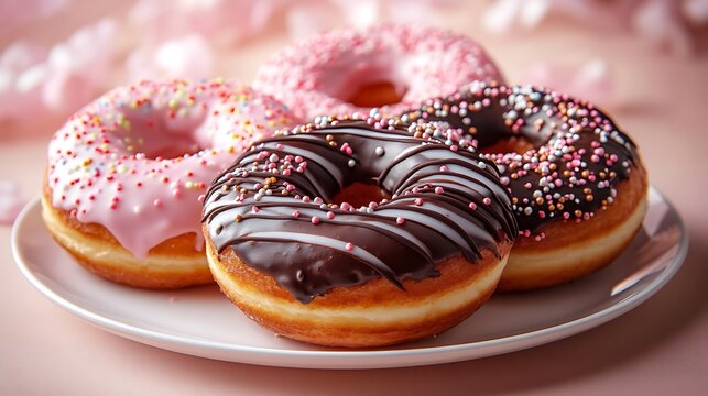 Trio of frosted donuts featuring chocolate drizzle, sprinkles, and pastel icing, neatly positioned on a glossy plate, warm cream background, illuminated with softbox lighting.