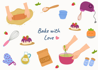 Set baking tools and dessert elements including flour, oil bottle, whisk, spatula, rolling pin, mixer, cupcakes, and ingredients. Cartoon style with soft tones and clean outlines. White background