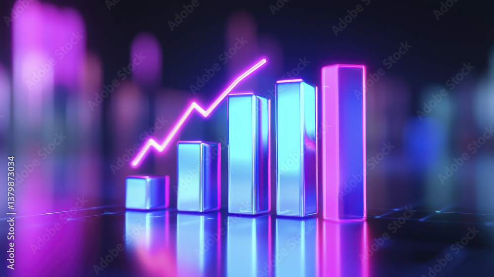 Poster vibrant 3d illustration of growing bar graph with neon colors, symbolizing progress and success in d