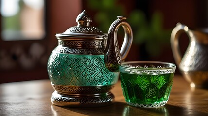 A glass of freshly pressed apple cider surrounded by apples on a rustic wooden table 