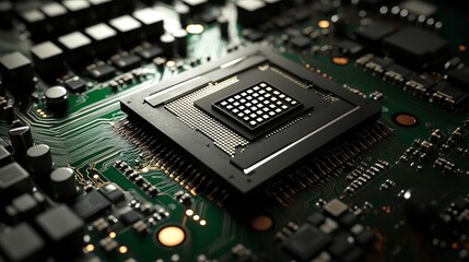 A close up of a computer processor chip on a green circuit board with visible components and connections