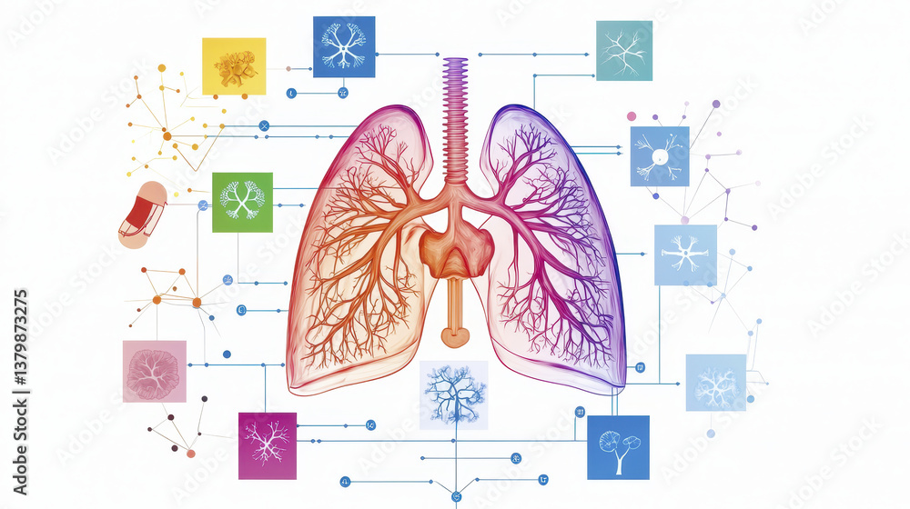 Poster detailed visual representation of human lungs, showcasing intricate branching structures and interco
