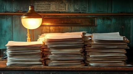 Stacked documents under lamp