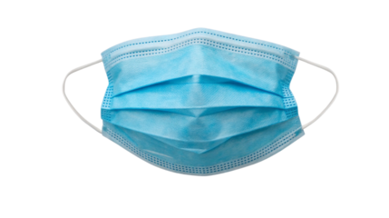 Blue disposable face mask with three-layer protection and pleated design, featuring elastic ear loops for comfort and safety