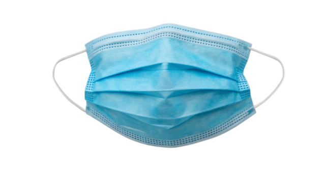 Blue disposable face mask with three-layer protection and pleated design, featuring elastic ear loops for comfort and safety