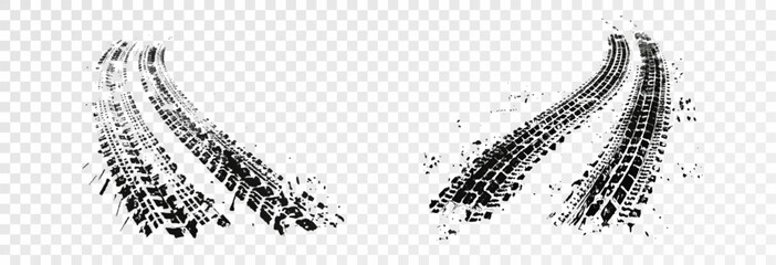 Traces of car, motorcycle tread. Curved realistic traces of tires of wheels from different types of tread vector png. Car wheels on disks.  © Iryna