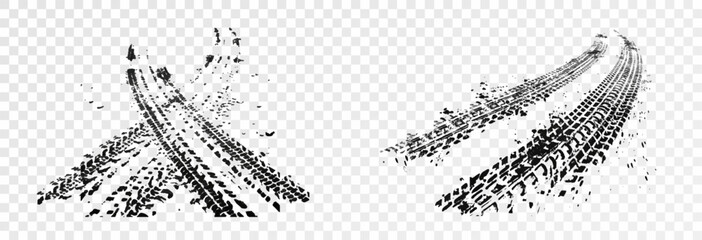 Traces of car, motorcycle tread. Curved realistic traces of tires of wheels from different types of tread vector png. Car wheels on disks.	