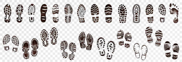 A set of human footprints, shoe prints and palm prints. Collection of vector prints of feet, hands, shoes on transparent background png.	
