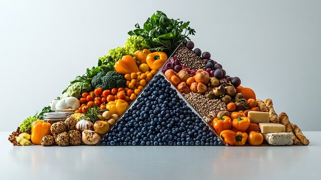 A realistic side-by-side food pyramid comparison, unhealthy foods rendered with greasy textures, oversaturated tones; healthy side with fresh produce, natural colors, clean lighting.