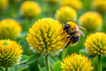 A clover with oversized, fluffy blooms in bright yellow that resemble bumblebee fuzz