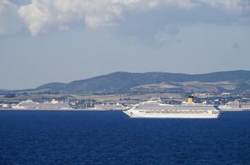 Mega family cruiseship cruise ship liner Fortuna anchored offshore of Civitavecchia Rome, Italy...