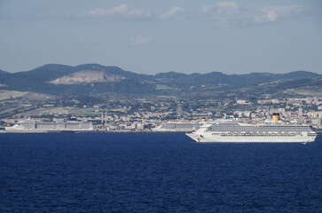 Mega family cruiseship cruise ship liner Fortuna anchored offshore of Civitavecchia Rome, Italy...