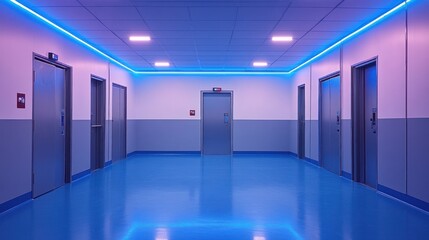 Fototapeta premium Empty hallway with neon lighting and elevators