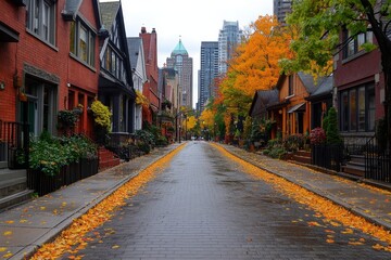 Obraz premium A historic Canadian street lined with Victorian-style homes, covered in golden leaves and decorated for fall