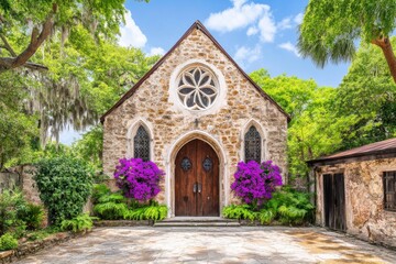 Fototapeta premium A historic church in downtown Charleston, with intricate architecture and a lush garden courtyard