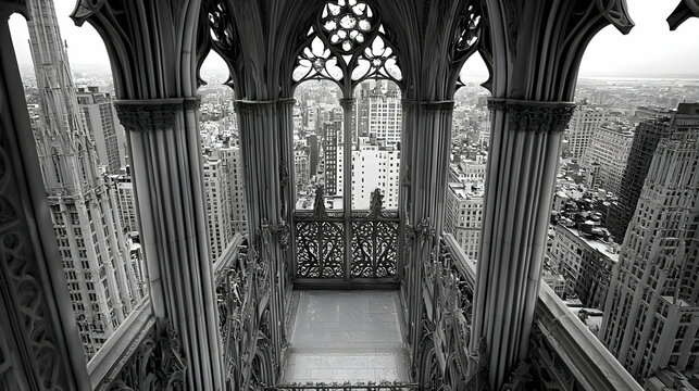 High Angle Black And White View Of Ornate Gothic Architecture Overlooking Cityscape