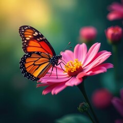 Fototapeta premium Butterfly perched on a colorful flower with intricate details , patterns, butterfly