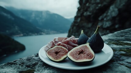 Fresh Figs and Prosciutto on White Plate with Lake View, Stone Surface