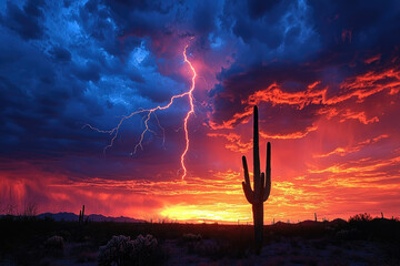 Dramatic desert sunset with vibrant colors, lightning striking, and silhouetted saguaro cactus.