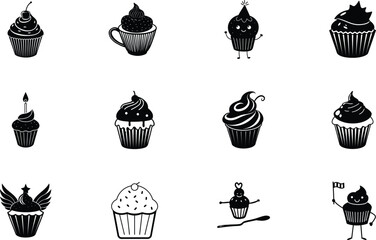 Cute Cartoon Cupcakes A Collection of Sweet Black and White Icons