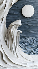 Hooded Figure by the Sea Under a Full Moon