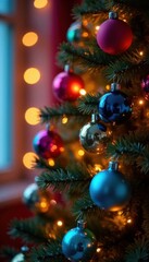 Obraz premium Christmas tree with colorful glass balls and warm ambient light, decorative lights, holiday decorations, colorful baubles