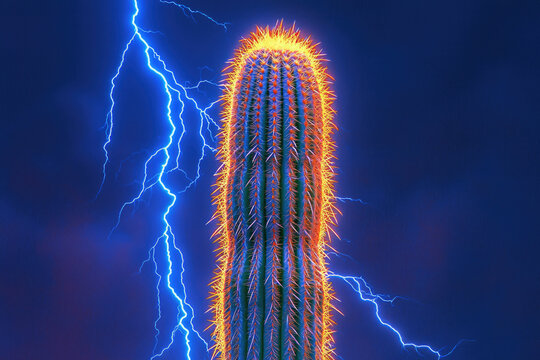 A vibrant saguaro cactus stands tall against a dramatic backdrop of blue lightning.