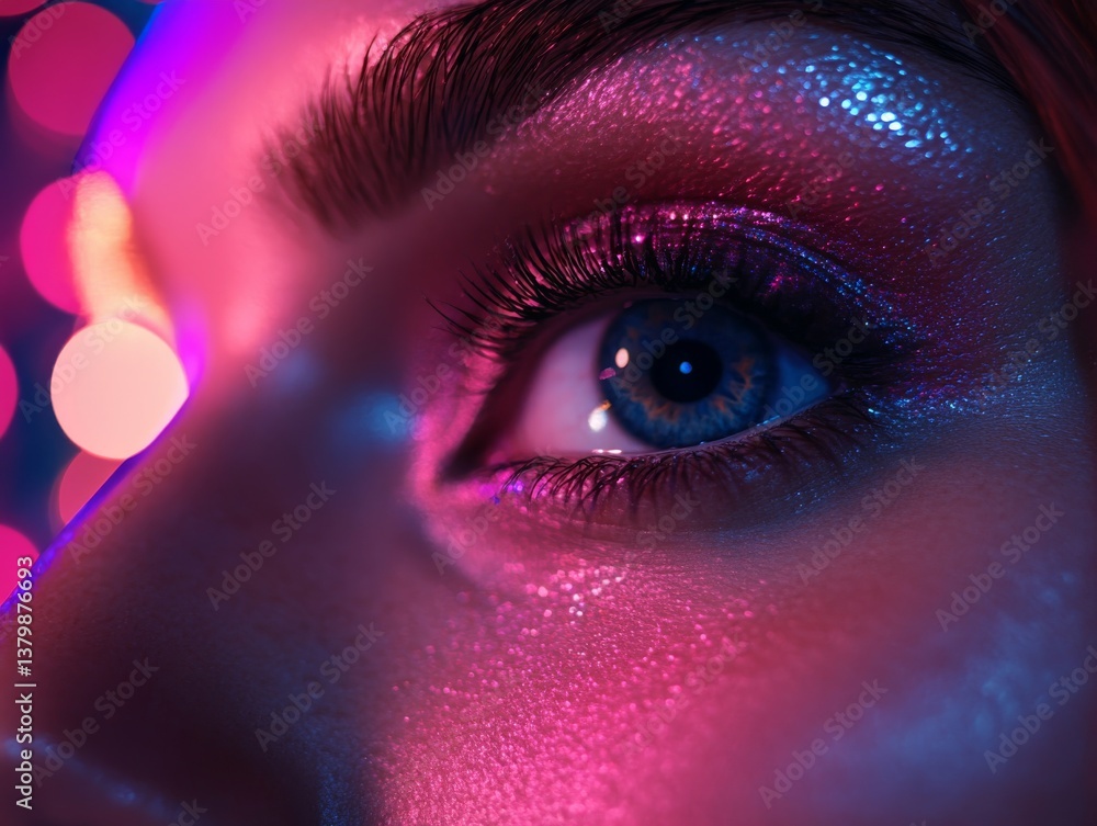 Aufkleber close-up of a woman's eye with vibrant makeup and sparkling highlights against a colorful bokeh back