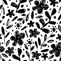 Black and white vector floral seamless pattern. Silhouette of flowers, leaves, branches. For fabric prints, textile products, packaging.