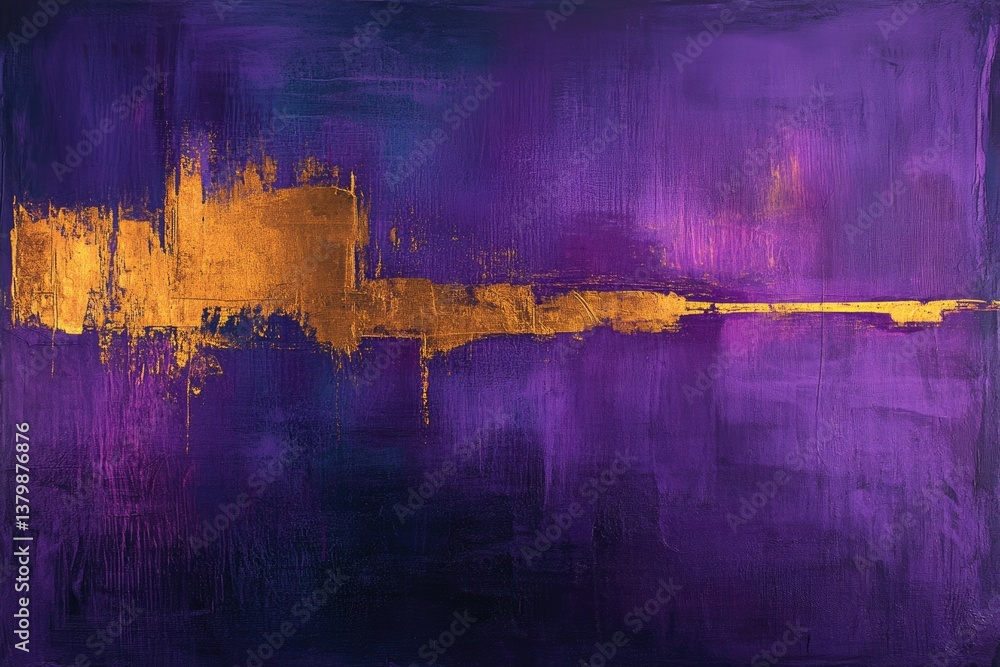 Poster abstract painting featuring a prominent golden band contrasting against a textured purple and transp