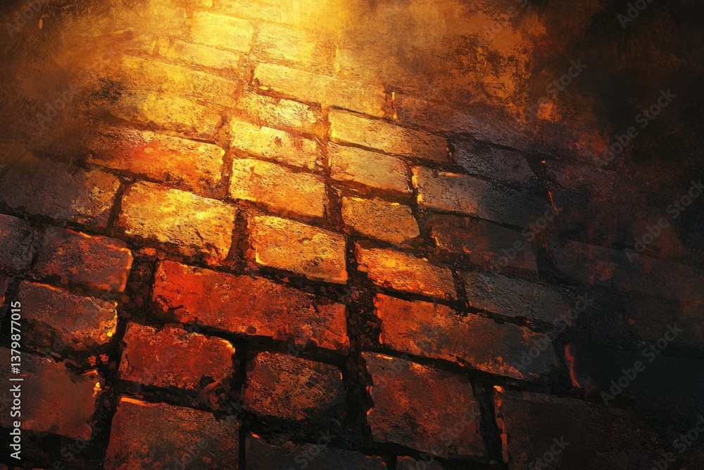 Poster a close-up view of an old brick path, lit by a warm, golden light source from above.
