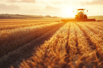 Fototapeta premium A tractor silhouetted against the setting sun in a golden wheat field with visible tire tracks