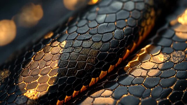 Close-up view of snake skin texture with golden highlights. Possible use for background, wallpapers, nature, design inspiration, textures