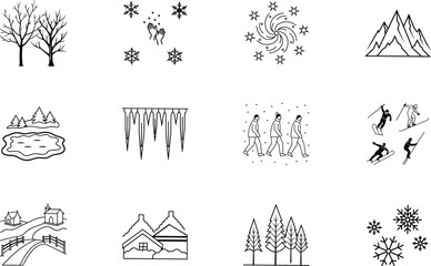 Winter Wonderland Icons Snow, Mountains, Trees, Skiing, and Frost