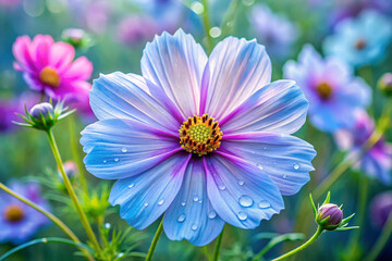 Fototapeta premium A cosmos flower with fluffy, cloud-like petals in pastel shades of blue and pink