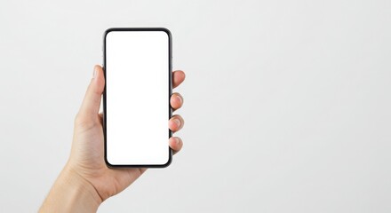 A hand holds a smartphone vertically, showcasing a blank screen against a clean white background