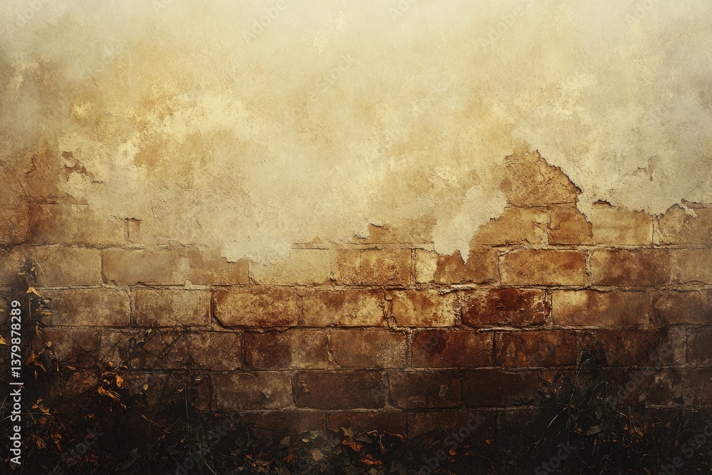 Poster a weathered brick wall with crumbling plaster creates a rustic and textured background with a vintag