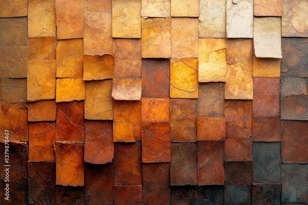 Aufkleber A textured wall featuring vertically aligned square tiles in warm earth tones, creating an abstract and rustic appearance with gradual color variations.