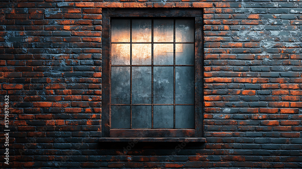 Poster rustic window frame set against textured brick wall, showcasing contrast between light and darkness,