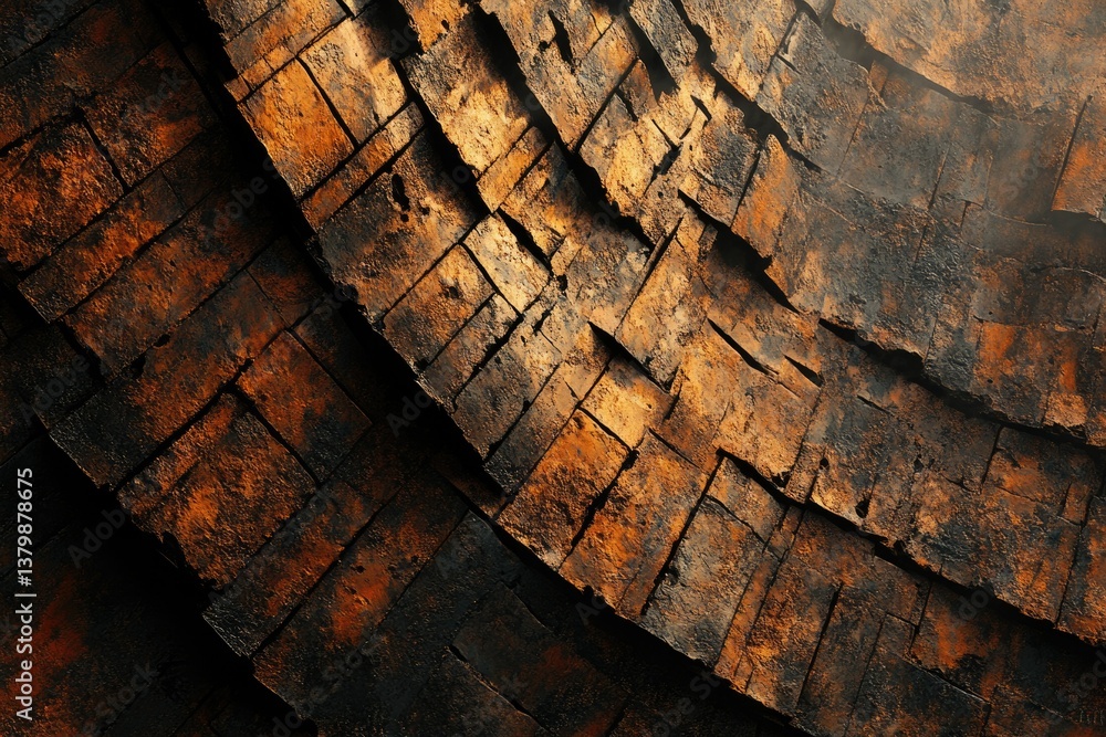 Fototapete Abstract close-up of a textured, layered surface with a dark, rust-colored palette and segmented, block-like shapes.