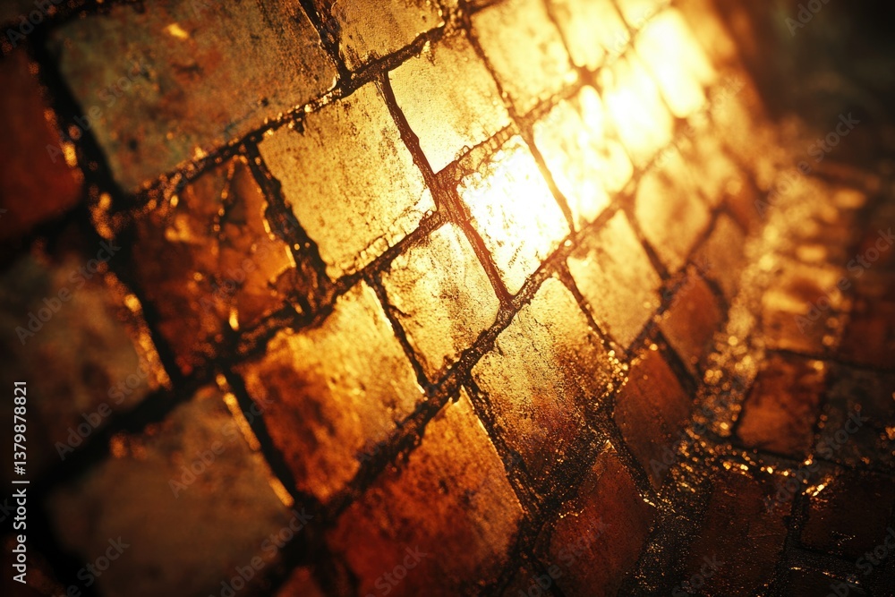 Aufkleber Golden light illuminates a textured brick path, creating a warm and inviting ambiance with contrasting dark shadows and earthy tones.