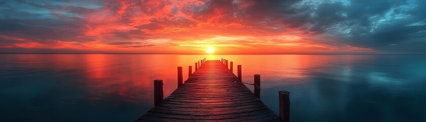 Obraz premium Vibrant sunset over the ocean with a wooden dock